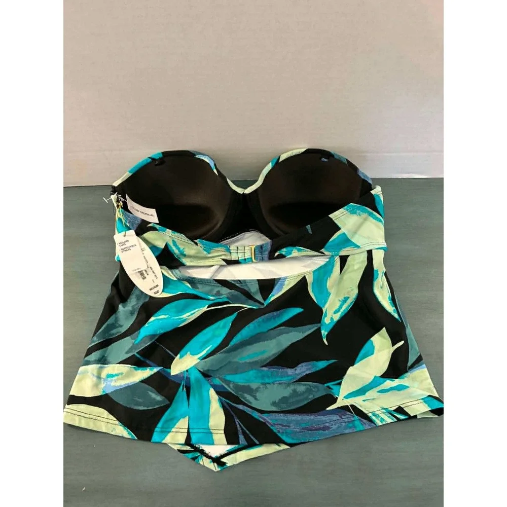 Mynah Tankini Swim Top Womens Medium Blue Black Abstract Palm Bandeau Scarf NWT